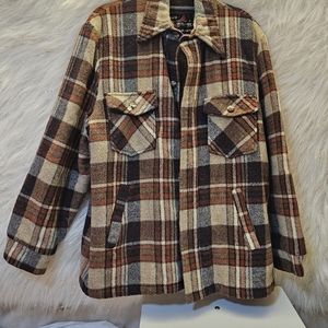 VINTAGE 1970 CHORE JACKET LIKE NEW SEARS MEANS WEAR OUTDOOR BROWN PLAID 44 TALL